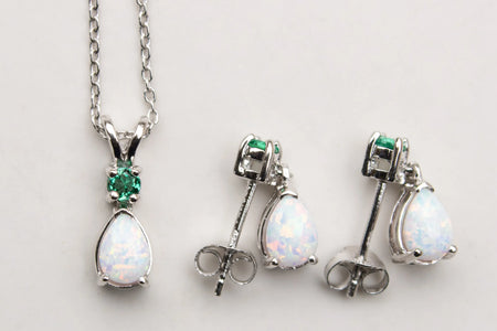 Jewelry Set for Women, Natural Pear Shaped 7X5Mm Emerald and 3Mm Natural White Topaz Pendant Necklace and Matching Pear Shaped Emerald and White Topaz Stud Earrings