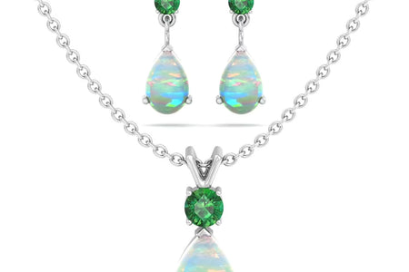 Jewelry Set for Women, Natural Pear Shaped 7X5Mm Emerald and 3Mm Natural White Topaz Pendant Necklace and Matching Pear Shaped Emerald and White Topaz Stud Earrings