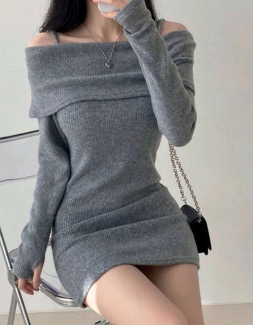 Load image into Gallery viewer, Womens Dresses Spring Fashion Cold Shoulder Lantern Sleeve Casual Plain Long Sleeve Daily Mini Knit Sweater Dress Woman Clothing
